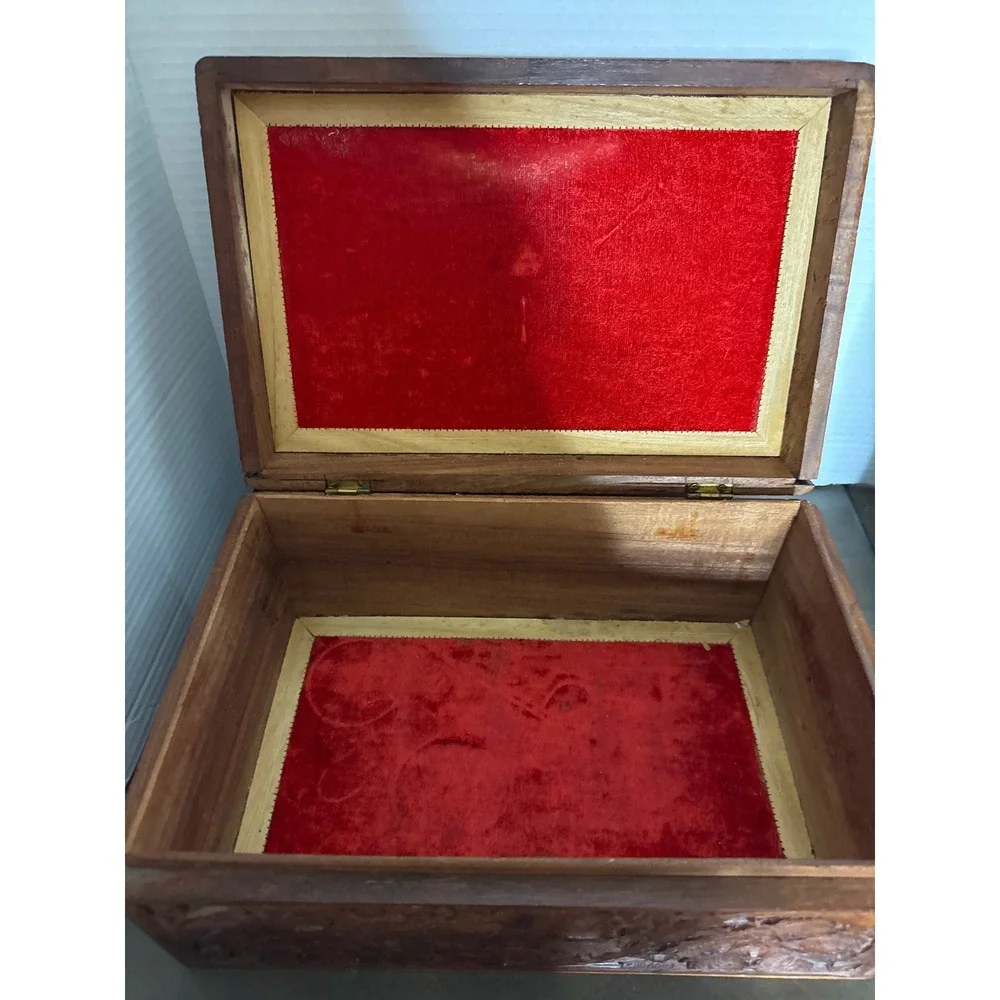 Vintage Hand Carved Floral Wooden Jewelry Keepsake Box Red Velvet Made in India